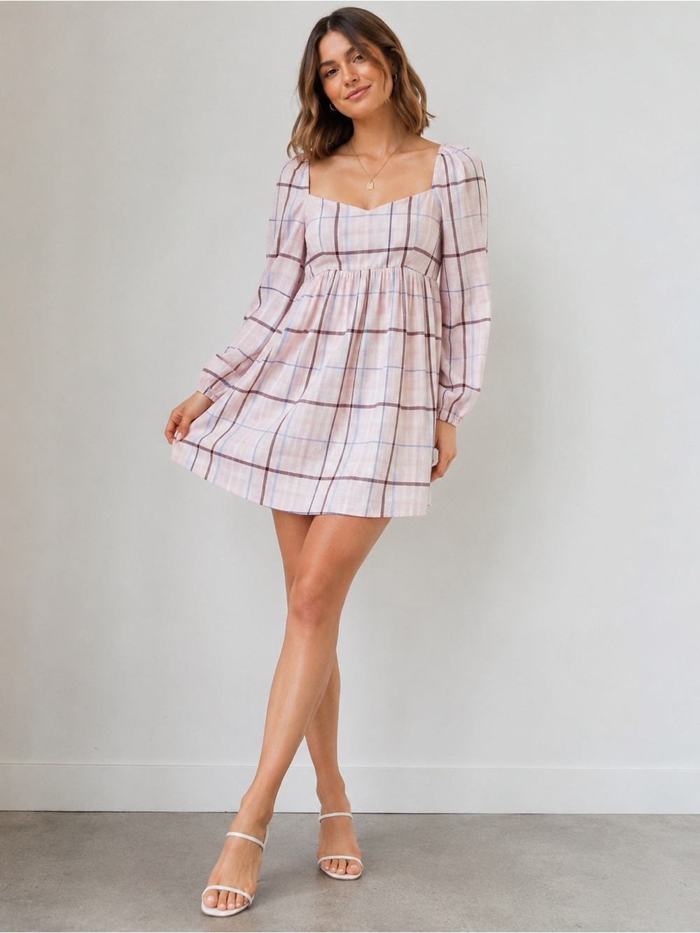 Park & Fifth Plaid Babydoll Mini Dress XS Pink Long Sleeve Cottagecore